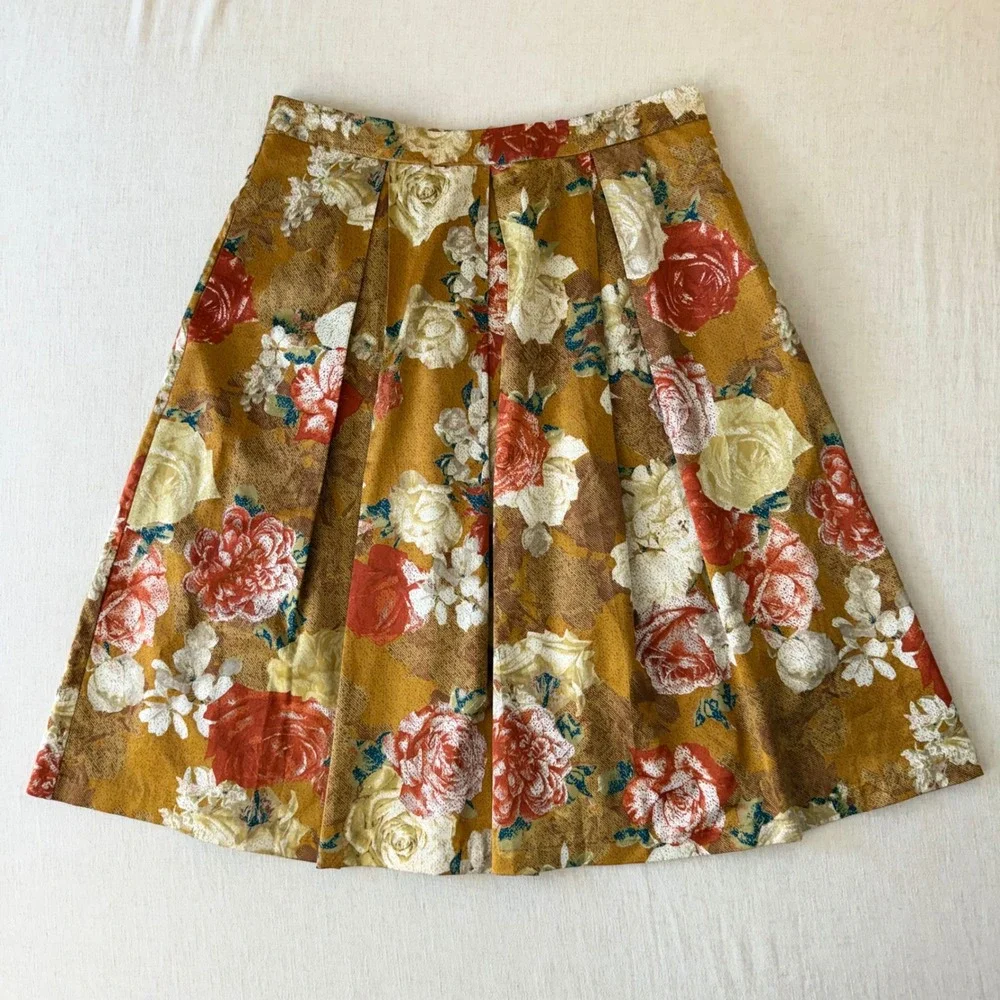Tahari Arthur‎ S Levine Cottagecore Floral Mustard A-Line Pleated Skirt 12